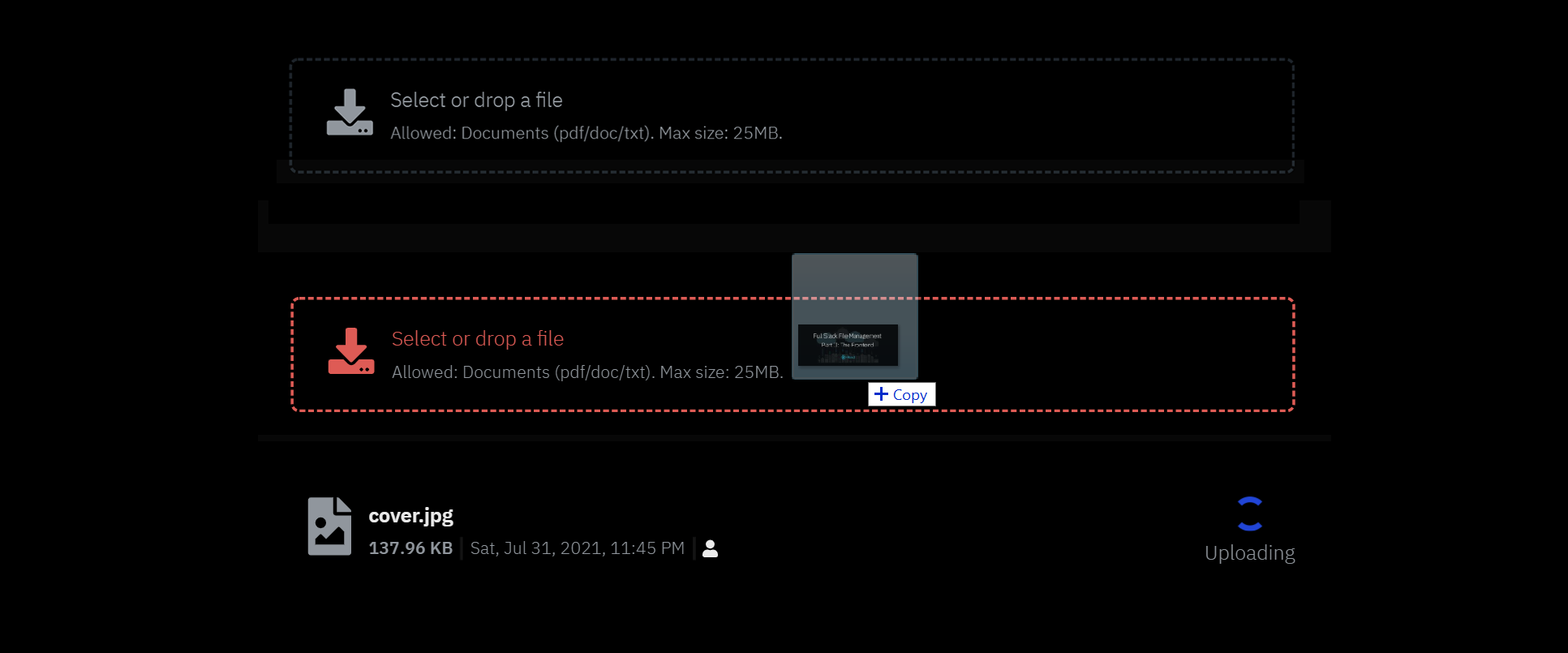 'File upload component states'